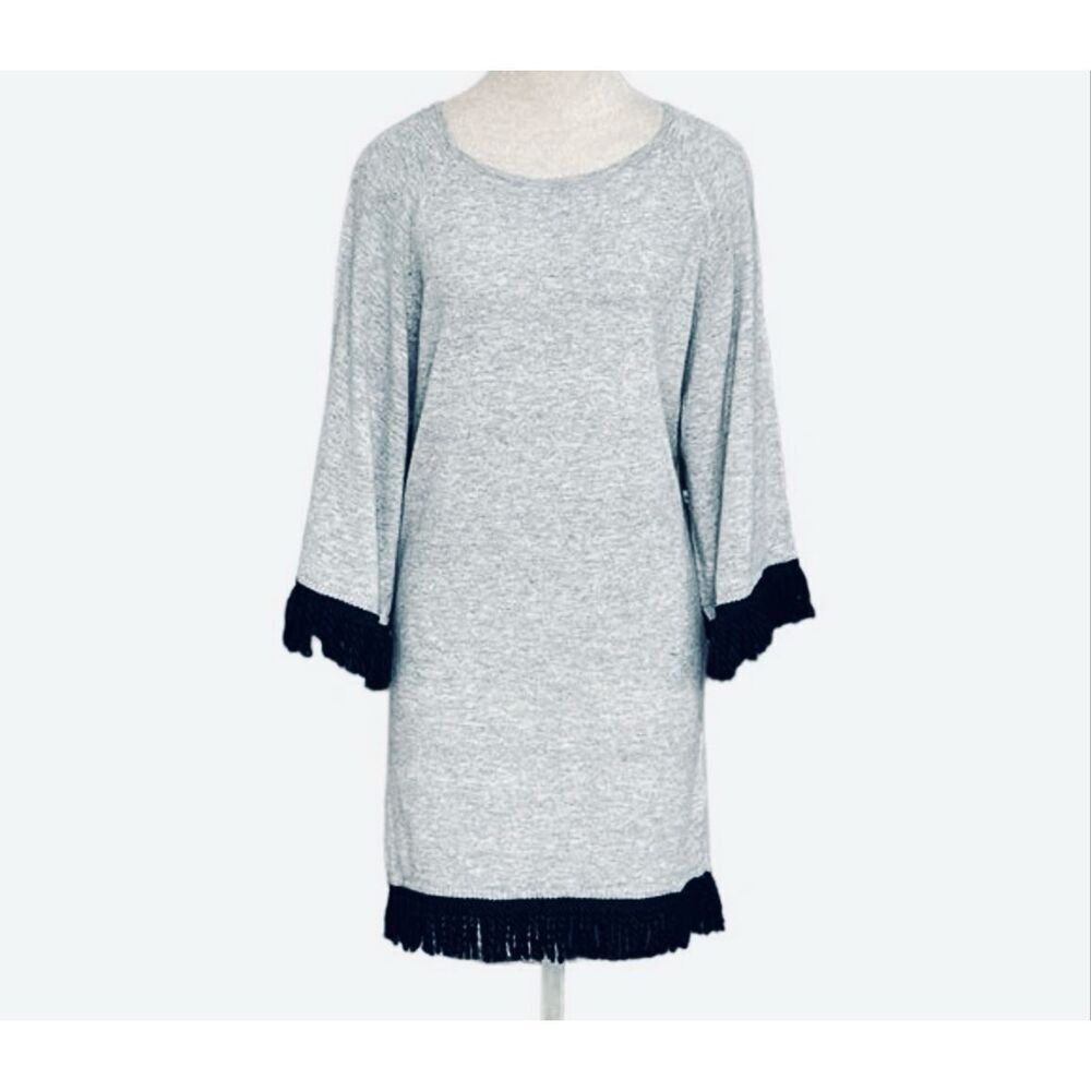 Ethereal Papercrane Grey Dress, S. Grey with Black Fringe. Wool Blend